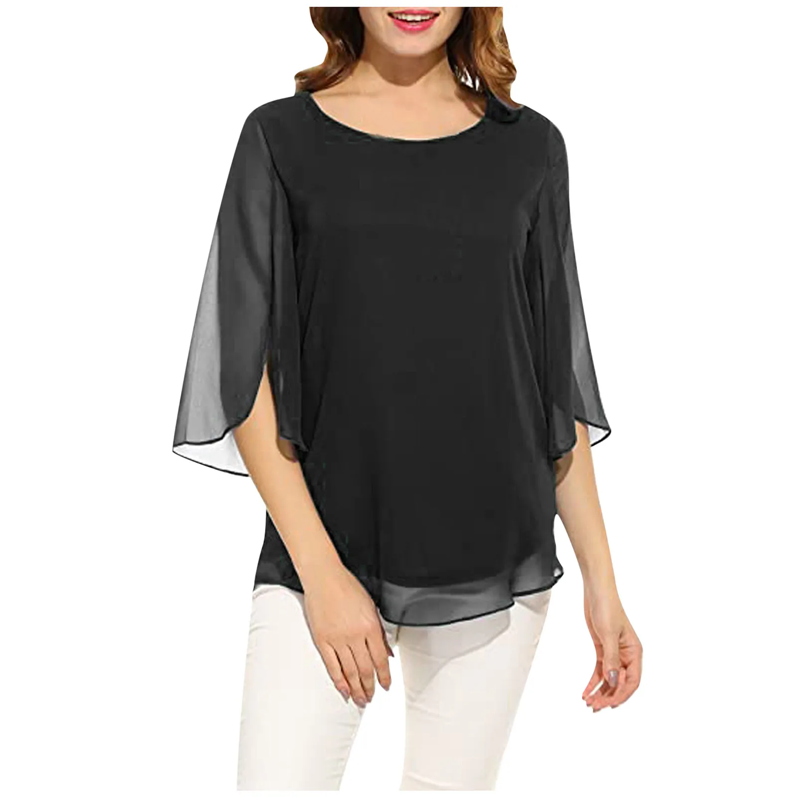 

Fashion Womens Blouses Solid 3/4 Sleeve Plus Size Loose O Neck Chiffon Blouse Top Women blusas mujer de moda 2021