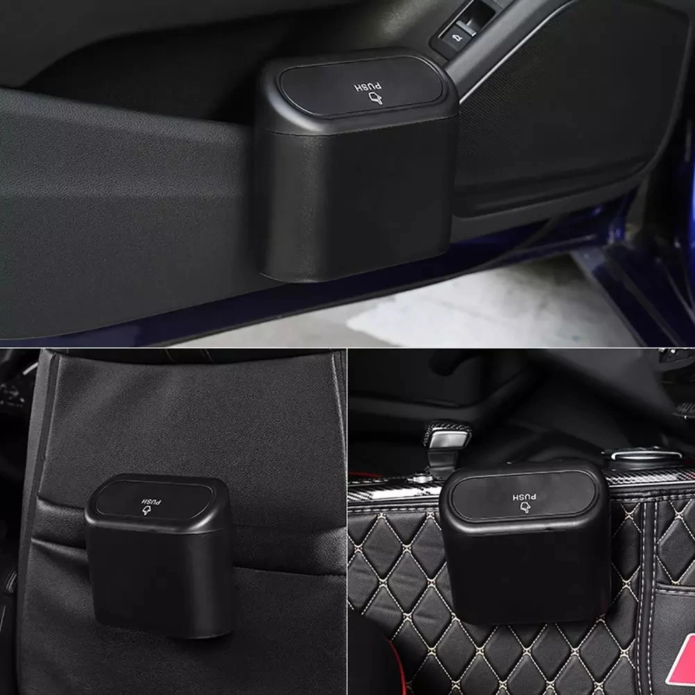 

Car Trash Can Hanging Vehicle Garbage Dust Case Storage Box Black Abs Square Trash Bin Pressing Type Auto Interior Accessories