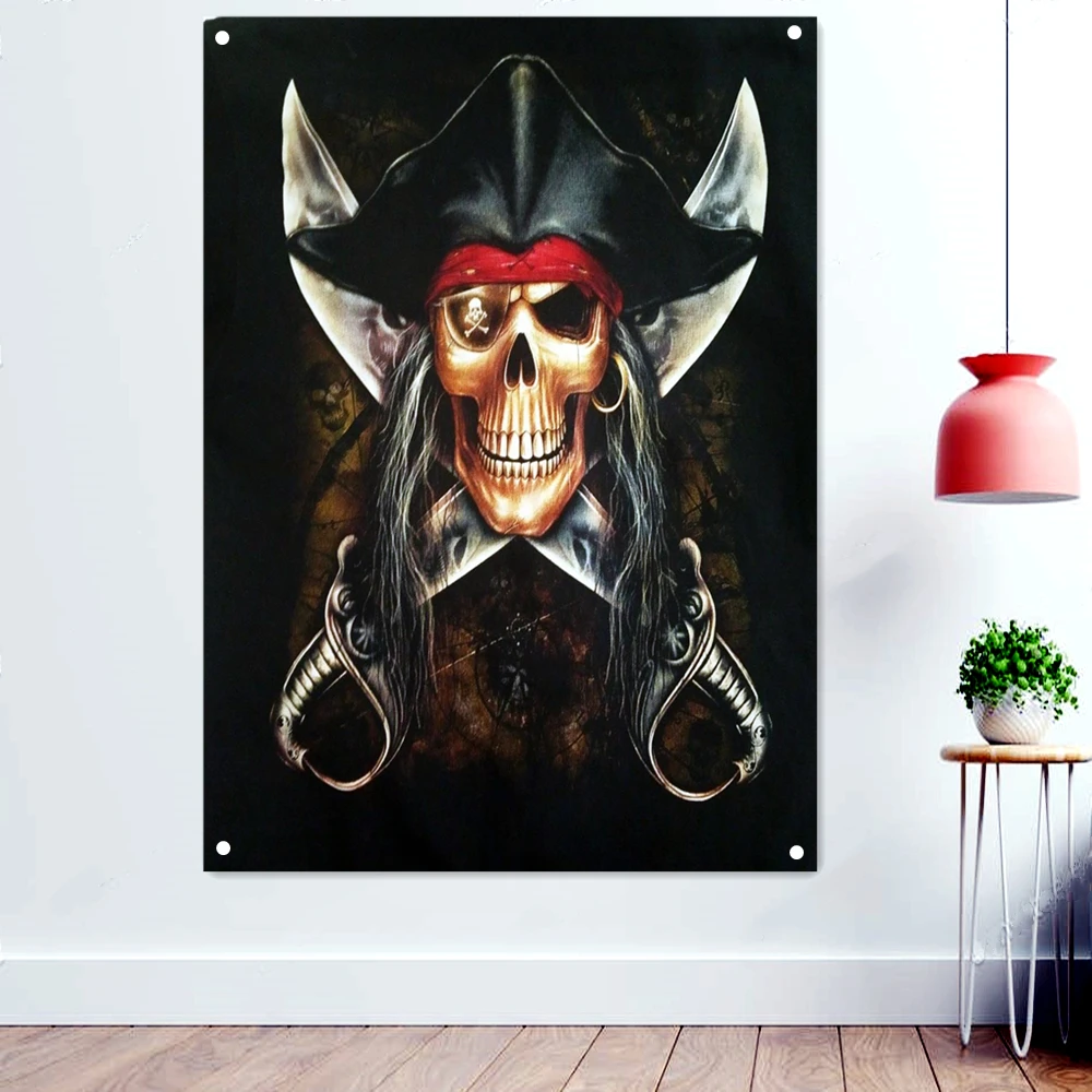 

Skull Crossed Daggers Banner Wall Hanging Captain Jolly Roger Poster Tapestry Wall Art Pirate Symbol Flag Bar Cafe Home Decor A1