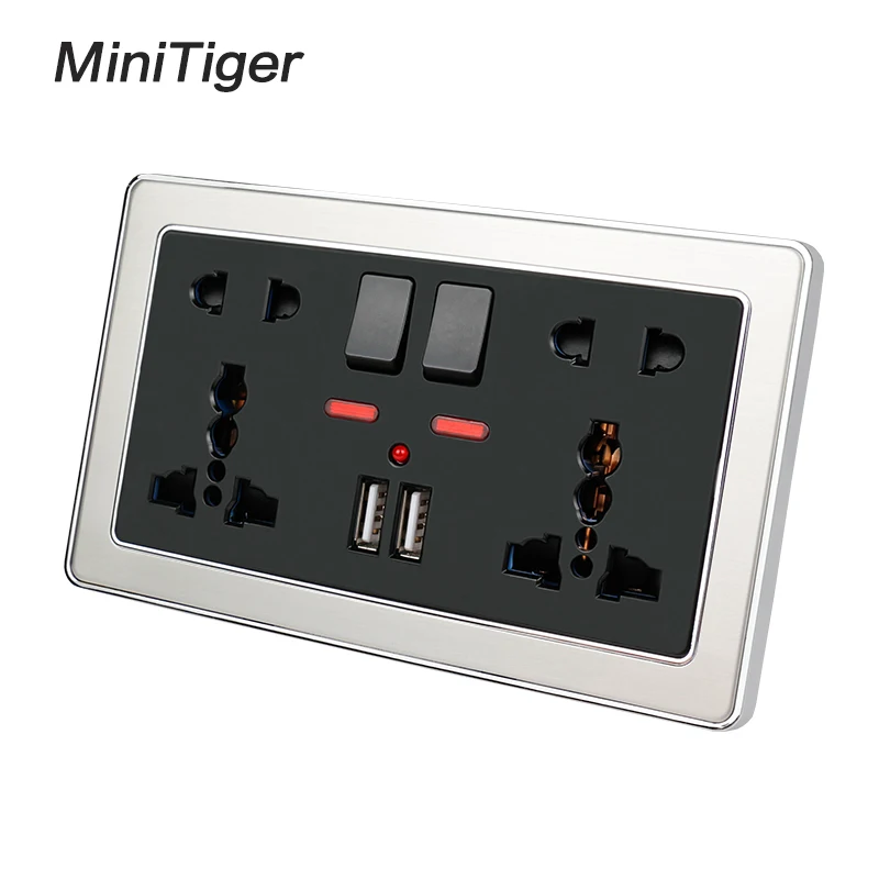 Двойная универсальная настенная розетка Minitiger с 5 отверстиями неоновым выходом а