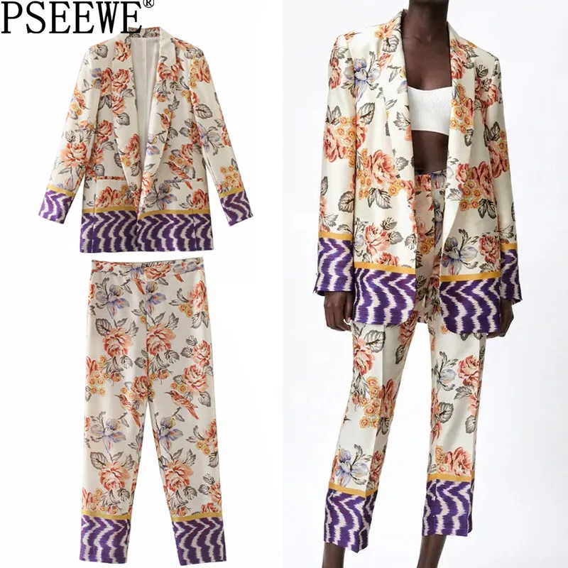 

PSEEWE Za Set Woman 2 Pieces Pants Sets Vintage Print Woman Blazer Suits Skinny Trousers Summer Women's Suit Blazer And Pants