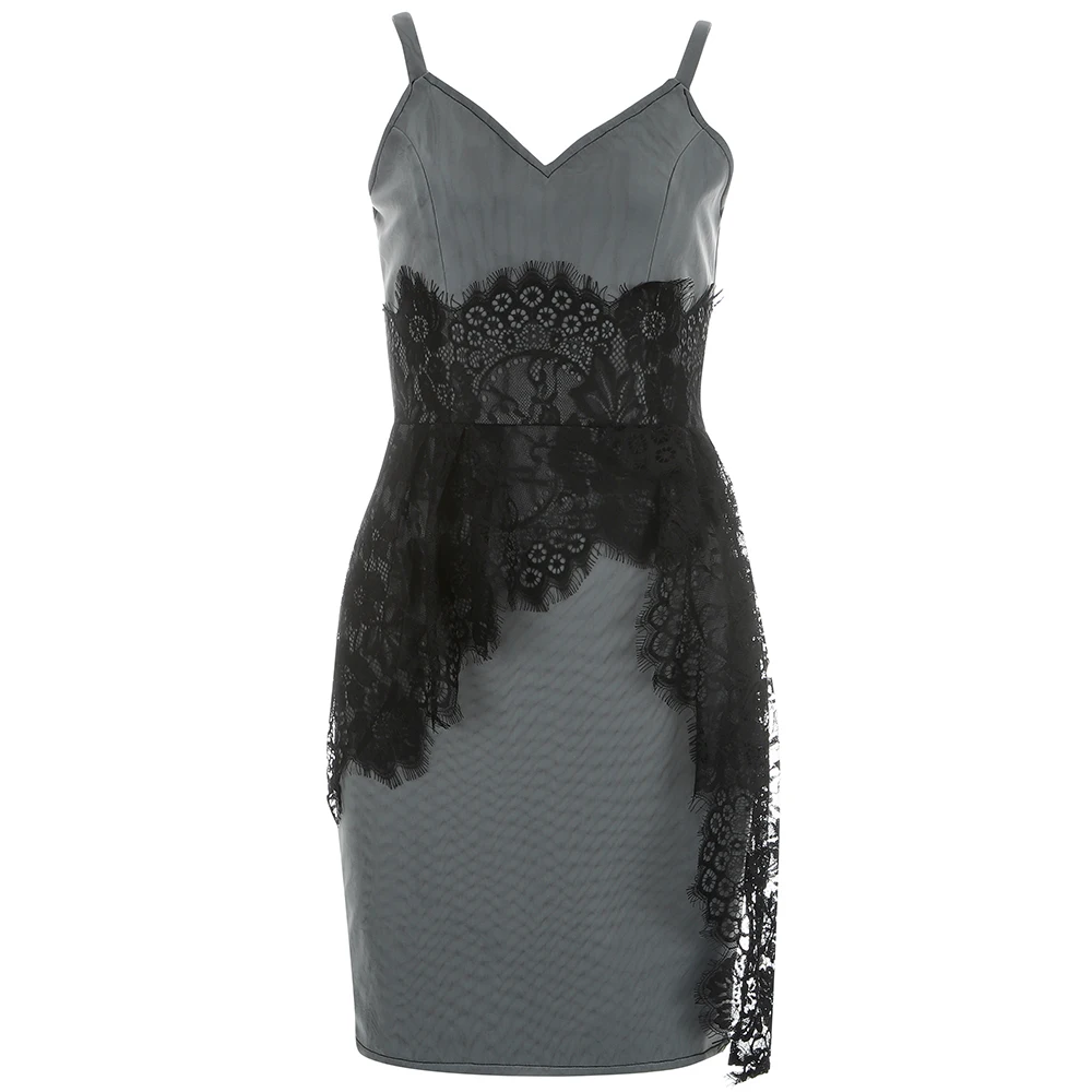 

Hot Sale Summer Ladies Sexy Sleeveless V Neck Lace Gray Mini Women Bodycon Bandage Dress 2021 Elegant Evening Party Club Dress