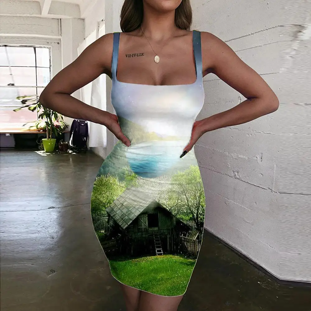 

KYKU Landscape Dress Women Forest Vestido Sexy House Halter Sleeveless Harajuku 3d Print Womens Clothing Party New Korean Style