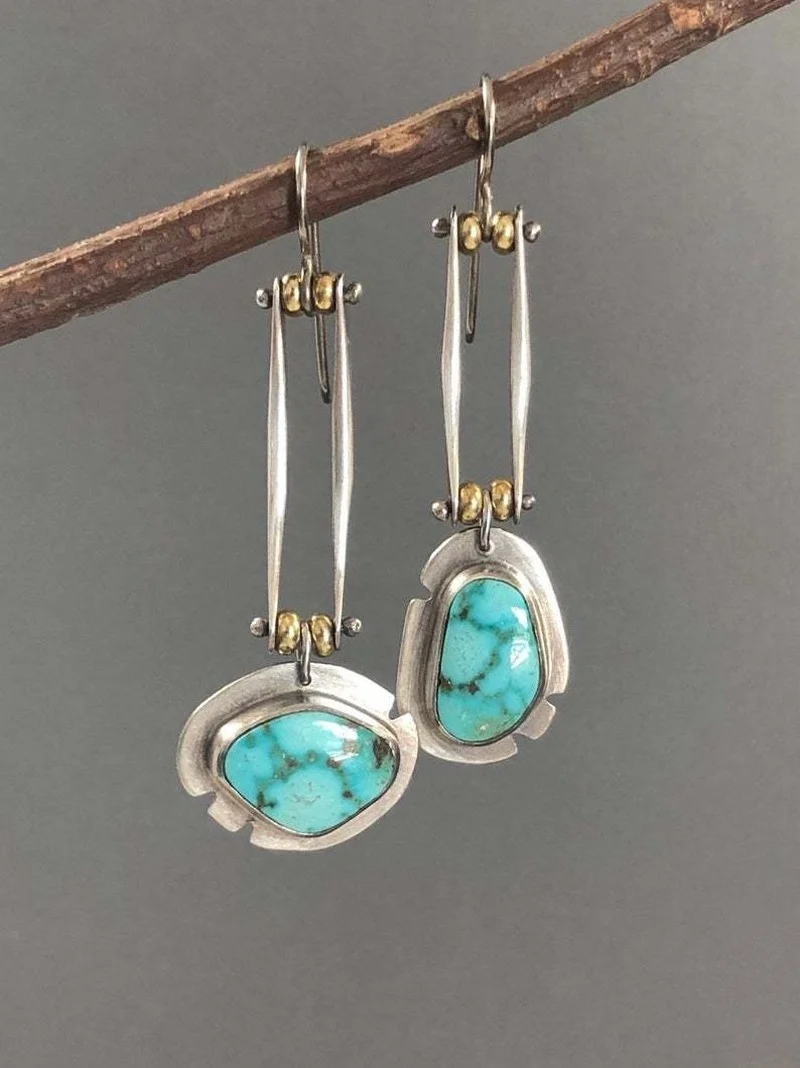 

New Turquoise two-color Earrings irregular retro Earrings European and American fashion asymmetric Earrings female