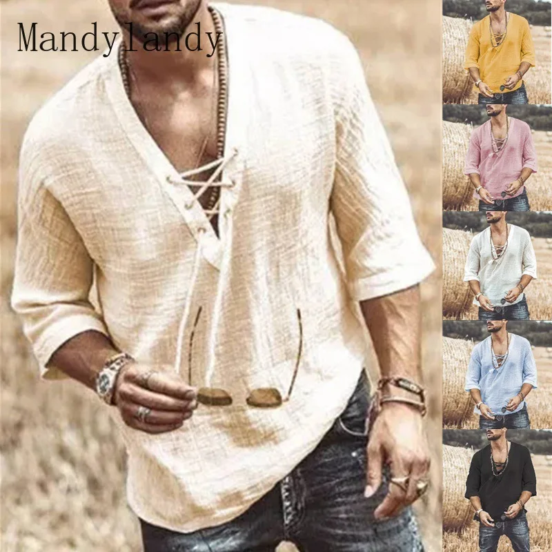 Mandylandy 2021 летние мужские рубашки, повседневные мужские льняные топы для мужчин, свободная рубашка в стиле викингов, винтажная однотонная сре...