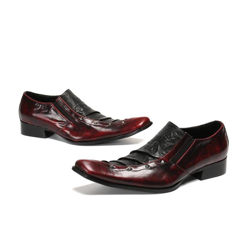 Italian Men Leather Shoes Wine Red Color Matching Weddding High Heels Pointed Toe Slip-on Dress Shoes