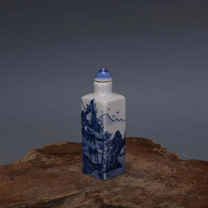 

Chinese Blue and White Porcelain Qing Mountain Design Square Snuff Bottle 3.03"