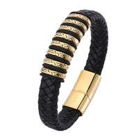 male jewelry punk black braided leather bracelets for men gold color stainless steel magnetic clasp fashion bangles gifts pd0778