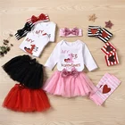 Костюм Мой первый день святого Валентина для новорожденных девочек, комбинезон с длинными рукавами и надписью + короткая юбка с бантом + повязка на голову + гетры