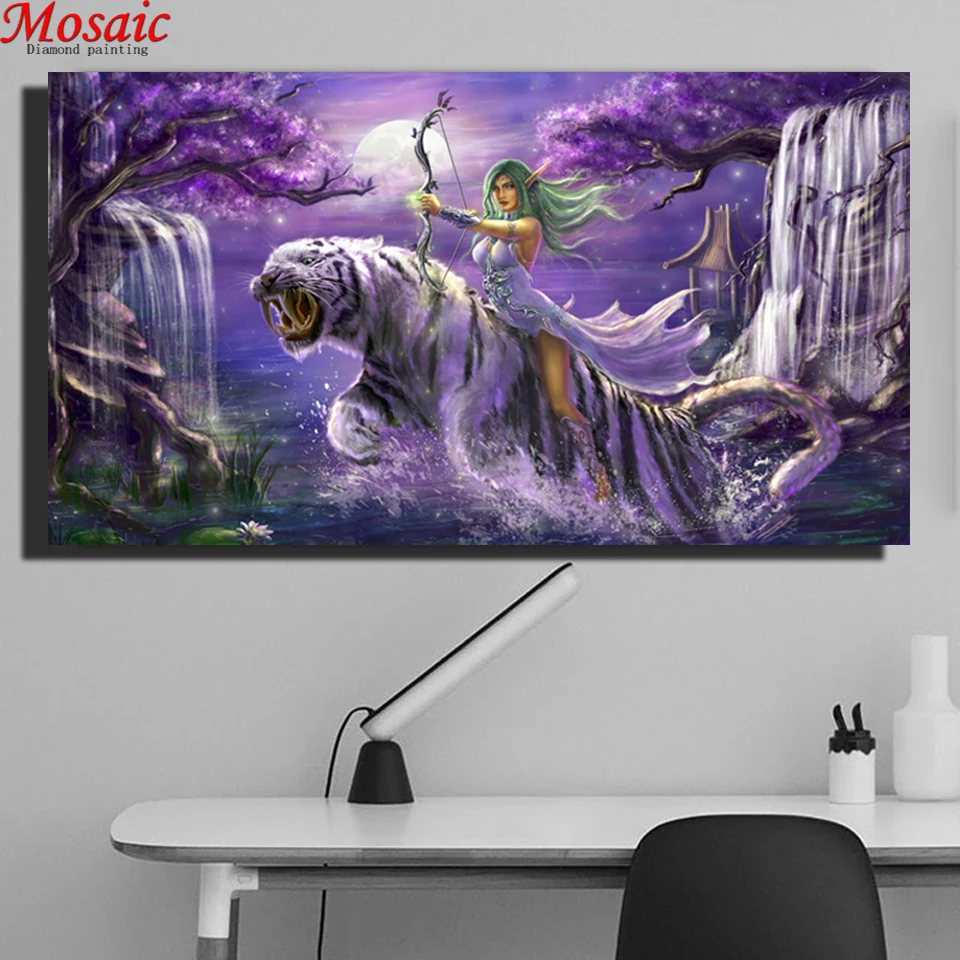 Diamond Embroidery Fantasy girl green hair elf bow white tiger Rhinestone painting DIY Diamond Painting Cross Stitch Decor large