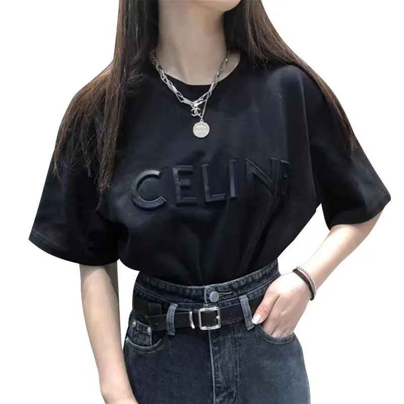 

AL 2021 Korean Summer Three-Dimensional Alphabetic Embroidered T-Shirt Female Students Versatile Short-Sleeved Base Shirt