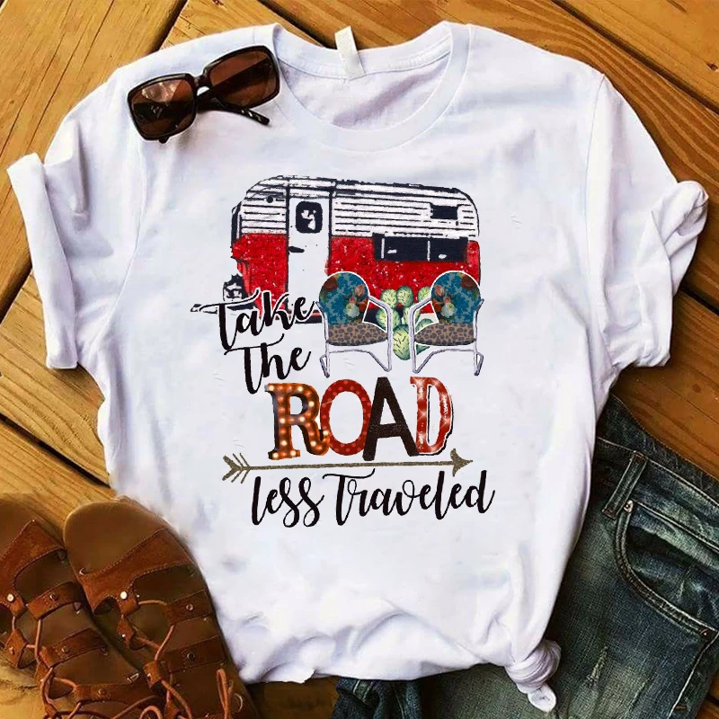 

Fashion Women Happy Camper Road Trip Truck Printed T Womens Graphic Tee Shirt Femme Top Tshirt Female Ladies Clothes T-shirt