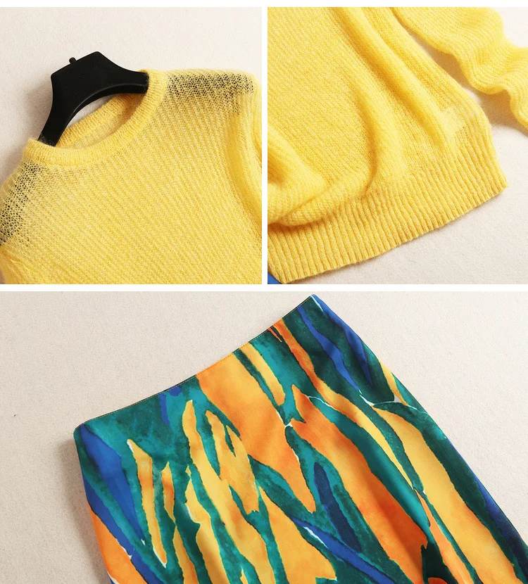 Women winter sweater mohair knitted pullovers+ goemtric print penscil skirt suit office elegant two piece set yellow