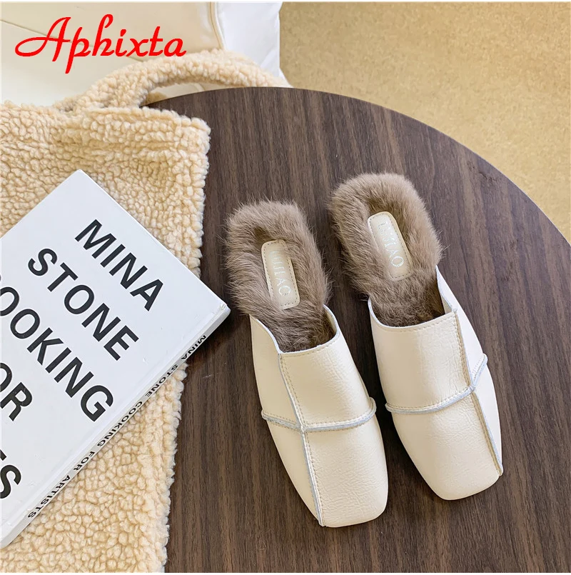Aphixta/зимние теплые женские шлепанцы с натуральным кроличьим мехом; женские пушистые тапочки; женские шлепанцы на плоской подошве с квадратным носком