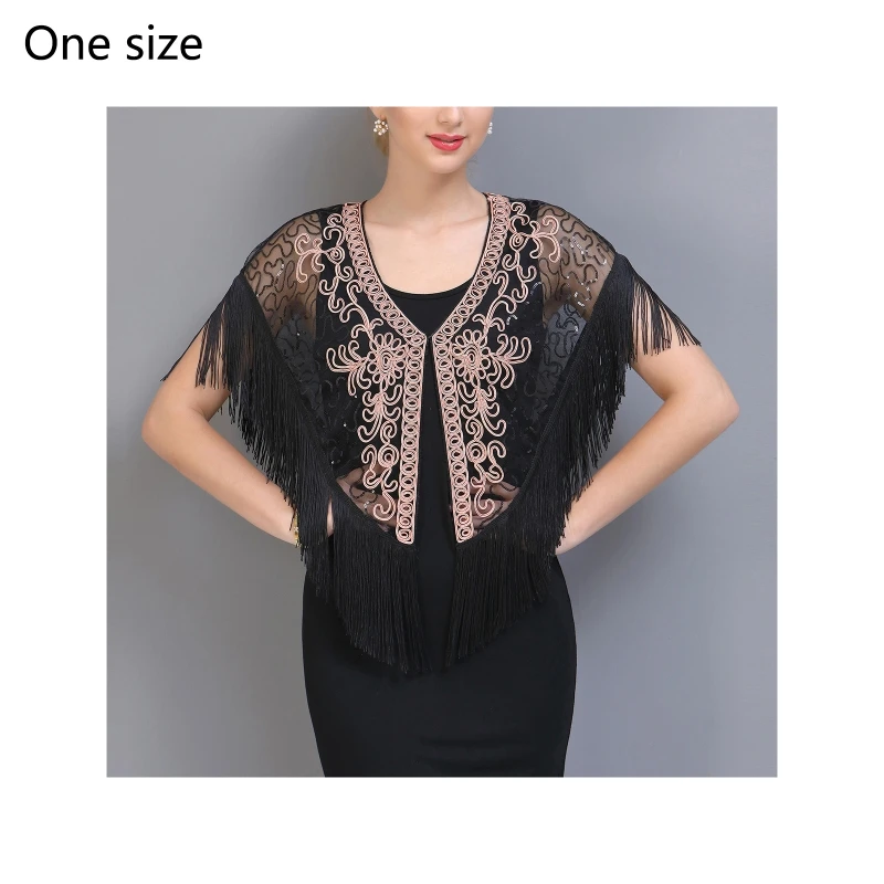 

Women Net Yarn Irregular Dense Tassel Hem Shawl Latin Dancing Belly Dance Vintage Sequin Cape Stage Performance Party Club Show