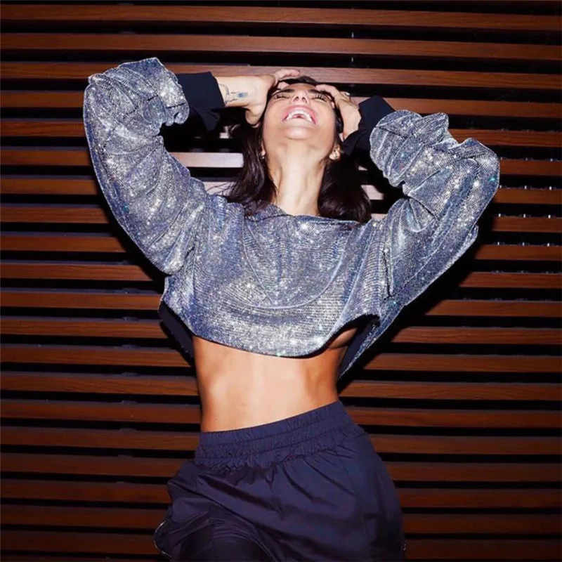 Женский спортивный костюм из двух предметов укороченный топ с блестками и
