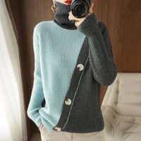 ladies sweater 2021 autumn and winter new pure wool pullover fashion high neck stitching big buckle knitted sweater thick warm