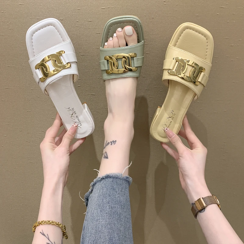 

Square heel Shoes Woman's Slippers Luxury Slides Med Block 2021 Designer Rubber Rome Hoof Heels PU Fashion Shoes Woman 2021 Med
