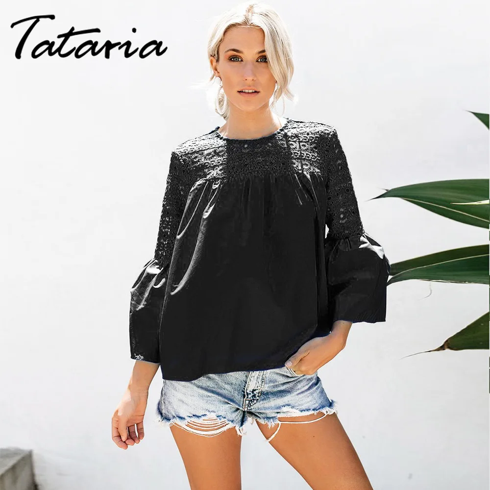 Женские кружевные топы Tataria 2020 Осенние повседневные блузки с длинным