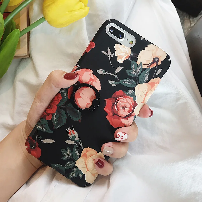 IK68-OHuaDa SoCouple чехол с кольцом для iphone X 11 Pro Max чехол для iphone XR Xs max 7 8 6 6s plus растительный лист узор накладка держатель для телефона - Цвет: IK68-OHuaDa