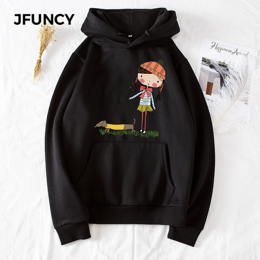 

JFUNCY Autumn Winter Women Thick Pullovers Casual Loose Coats Woman Long Sleeve Hooded Sweatshirt Printed Fleece Sportswear