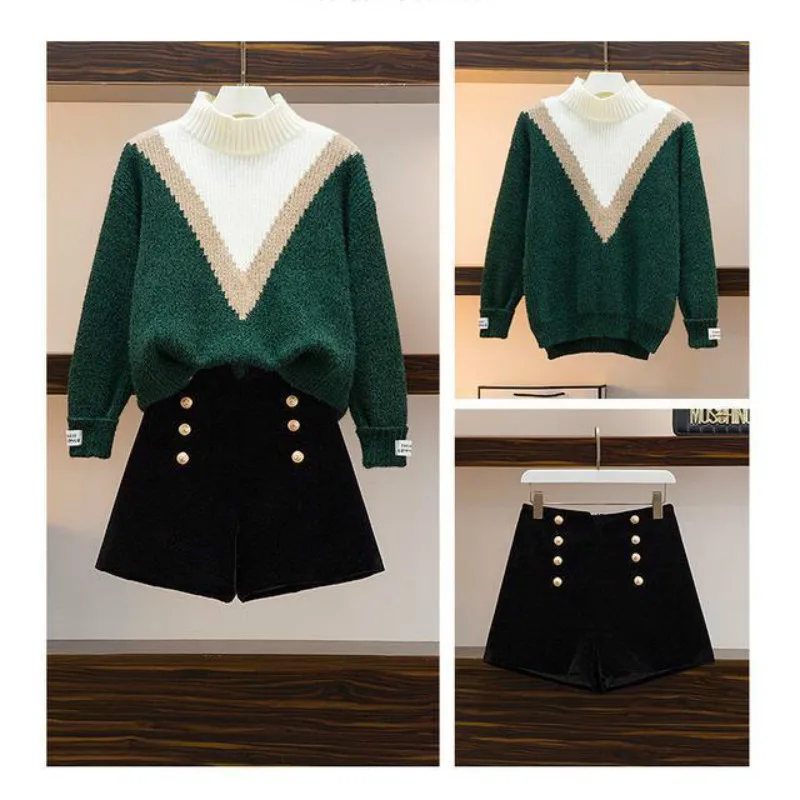 

2021 New Autumn Winter Korean Vintage OL 2 Piece Set Pullover O-neck Sweater Top +double Breasted Shorts Two-Piece Set Y452