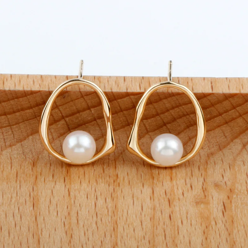 

100% Natural Pearl Earrings for Women S925 Pure Silver Jewelry 18K Gold Elegant Hollowed Circle Earrings Ear Studs Fine Jewerly