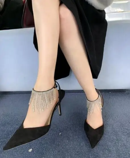 

Dipsloot Woman Black Sliver Pointed Toe Crystal Tassel Pumps Female 6 cm 8 cm Stiletto Heels Slingback Dress Party Shoes Lady