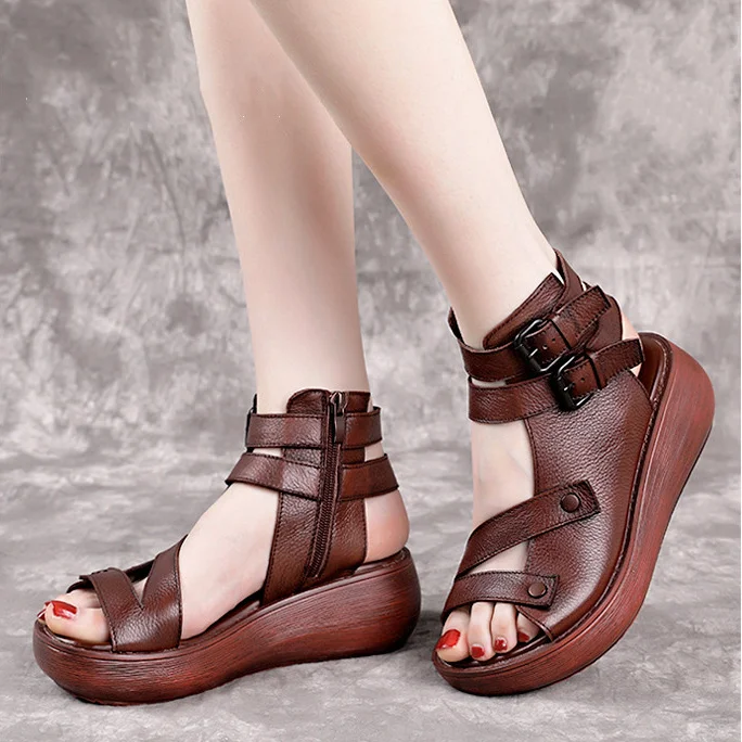 

2022 Fish Mouth High Quality Soft PU Leather And Cowhide Summer Roman Shoes Women Sandals Platform Heighten Shoe Wedges Sandals