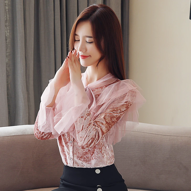 Корейская мода велюровые женские блузки кружевные с длинным рукавом Розовые