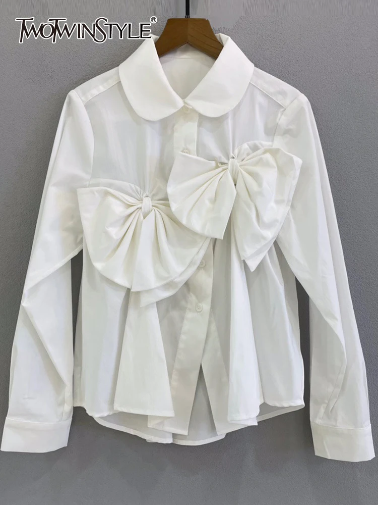 

Женская рубашка с бантом TWOTWINSTYLE, однотонная блузка с длинными рукавами и отложным воротником, корейская модная одежда, новинка