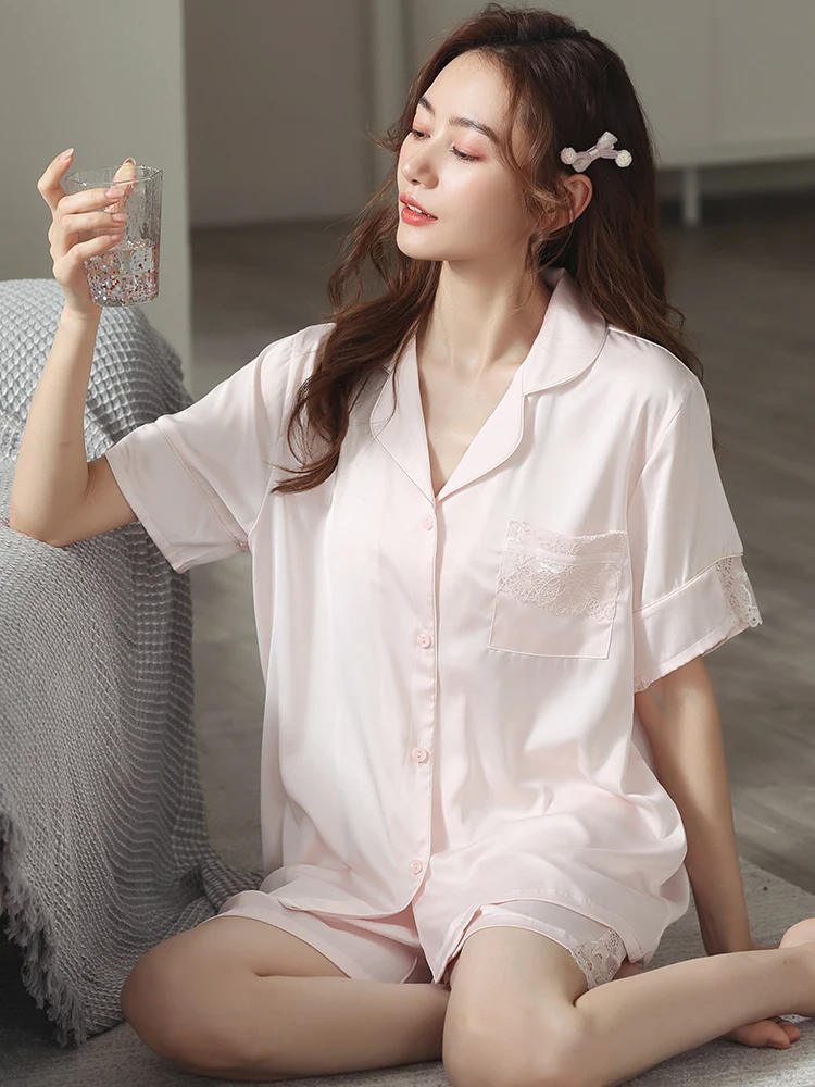 Pajama Shorts Sets Summer White Satin Pyjama Femme  PJ Home Clothes Satin Sleepwear Women Fashion Ice-Silk Satin Pijama Mujer