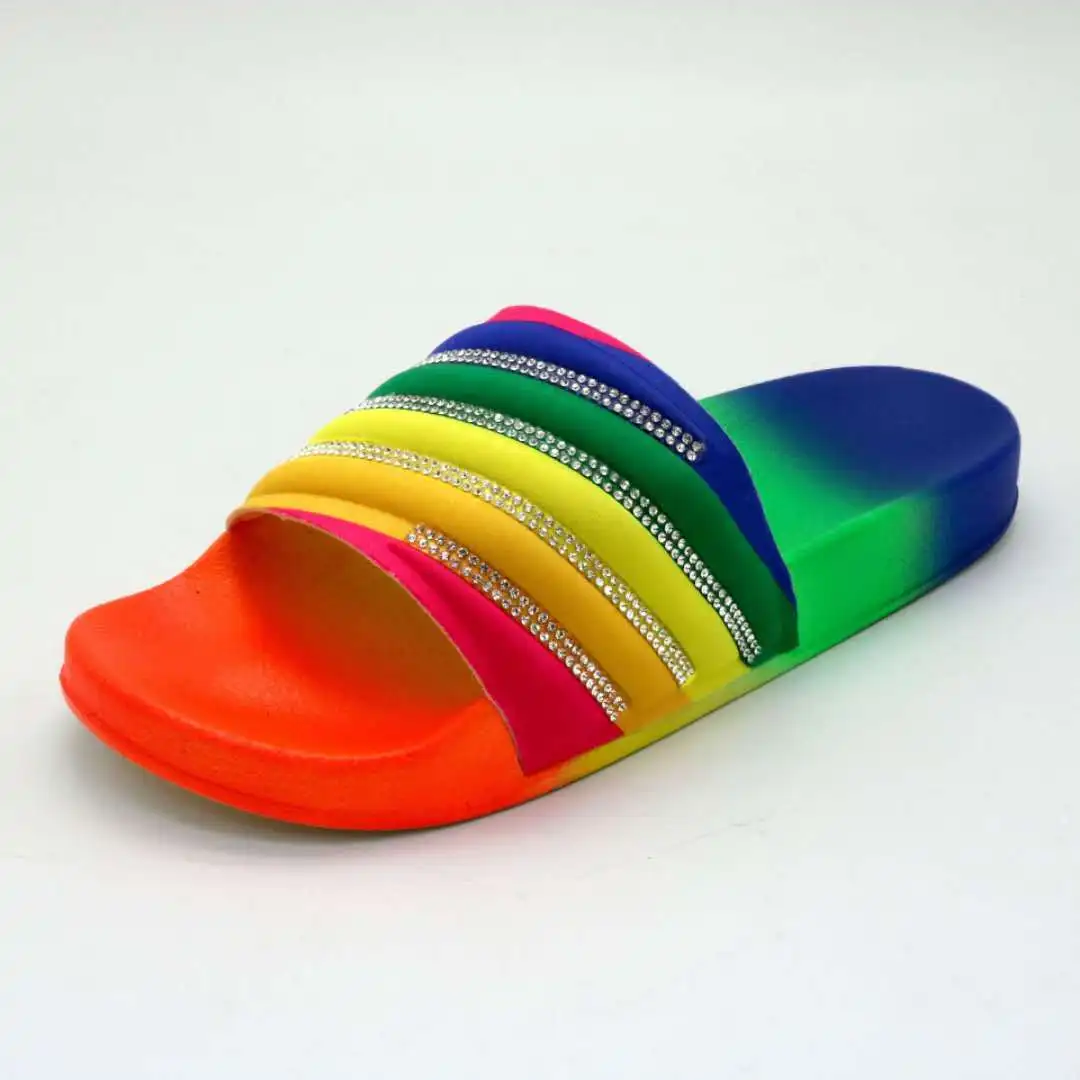 

hot Pink Rhinestone Bright Diamond Slippers Summer New Candy Color Flat Women Sandals Beach Non-slip Durable Bling Bling Slide
