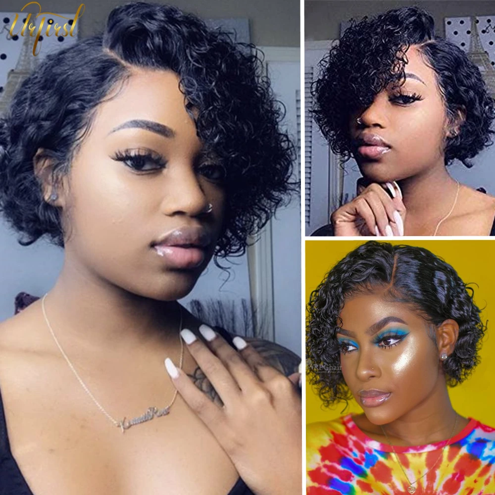 Парики из натуральных волос на кружеве Pixie Cut Bob кудрявые человеческие волосы 250%
