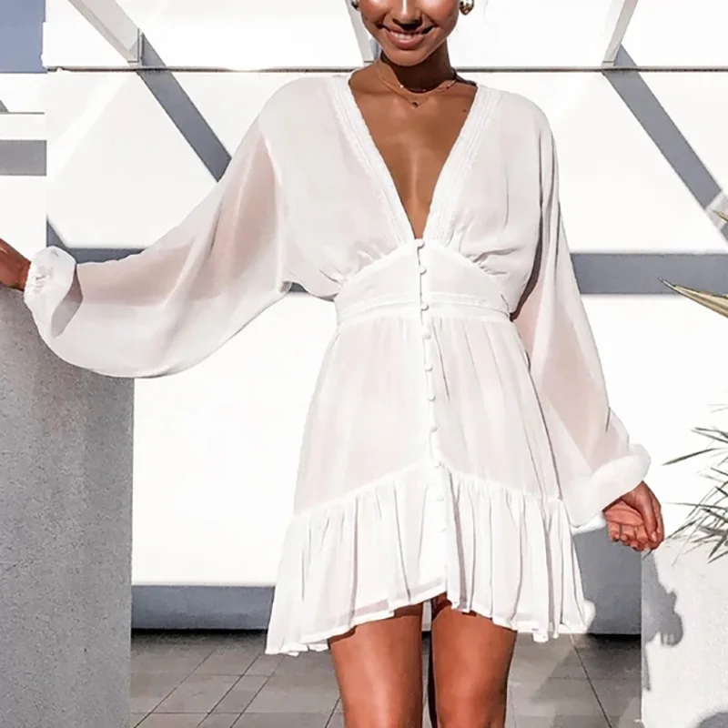 

2021 New Summer Ladies Sexy Solid Color Lantern Solid Color Sleeve Chiffon Dress Women's Short Sleeve A-line Knee-length Dress