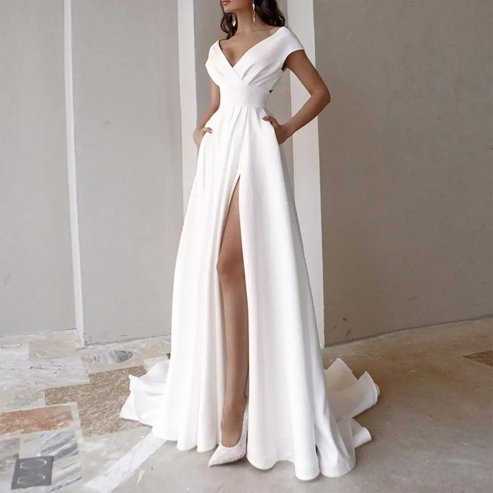 

Women Formal Dress 2021 V-neck Party Dress White High Waist Side Split Floor-Length Dress With Pockets for Banquet