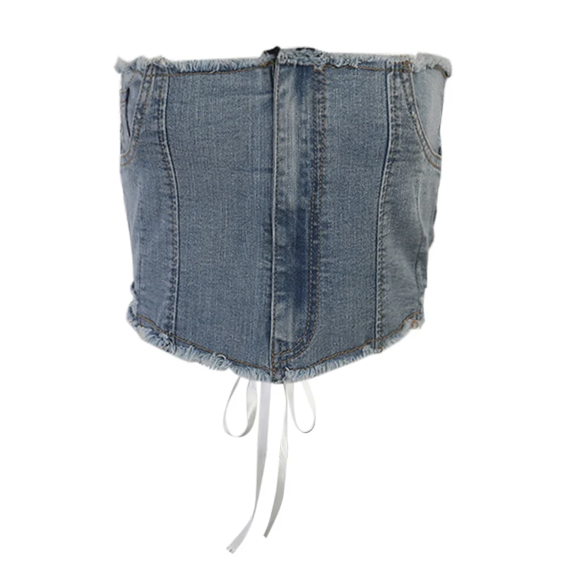 

Beyouare Vintage Cowboy Corset Women Tank Top Backless Bandage Zipper Pocket Strapless Ultrashort Vest Summer Fashion Streetwear