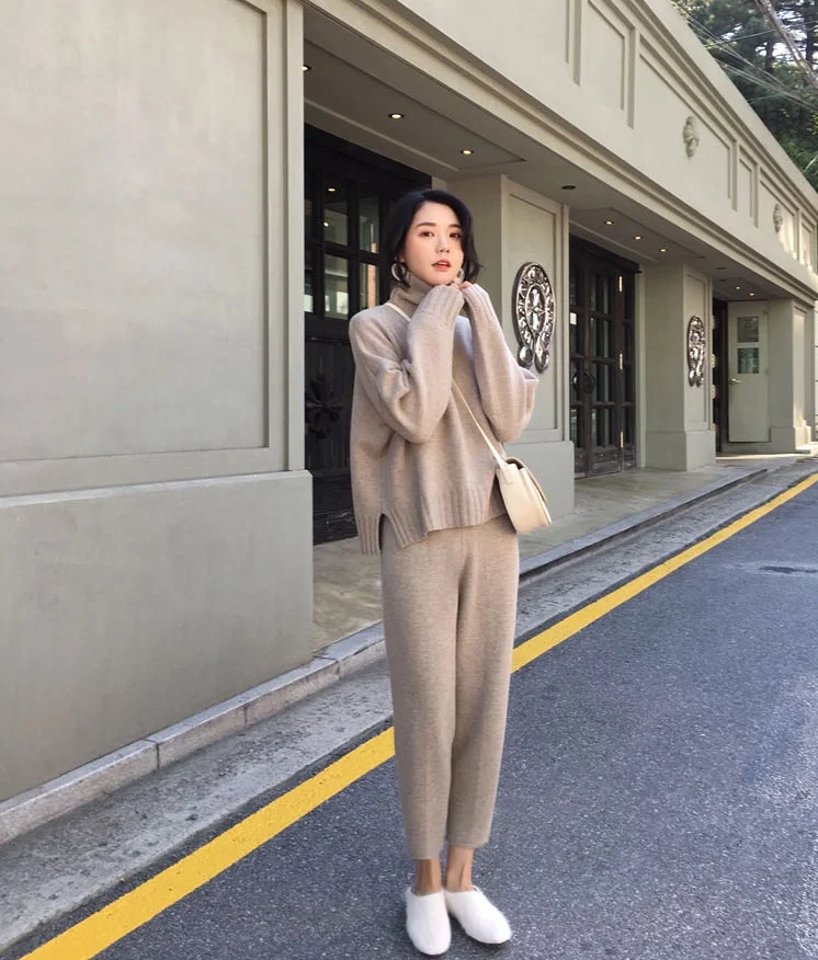 Women Loose Lazy Wind Knitting Suit Soild Color Woman Flavor Sleeve Head Sweater Match Leisure Pants Twinset | Женская одежда