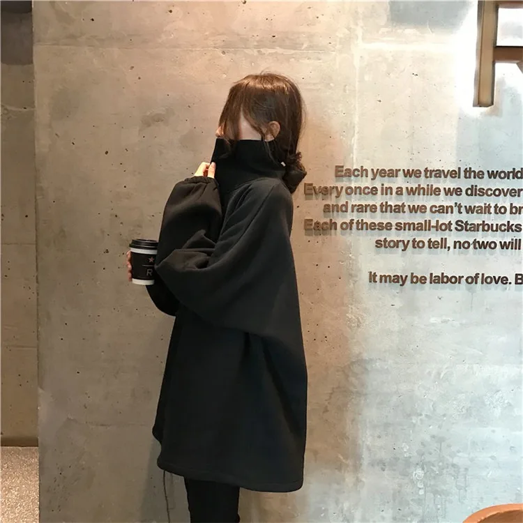 Толстовки женские водолазки в Корейском стиле хип-хоп однотонные Harajuku женские универсальные плюс бархат теплые на зиму мягкие толстовки милые