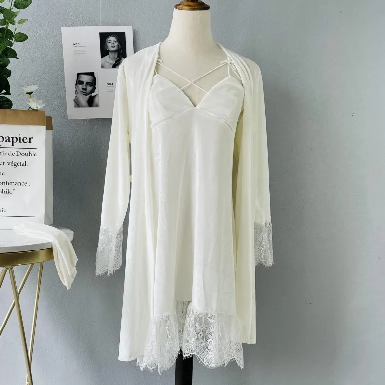 

Velvet Nighty&Robe Suit Women Kimono Robe Gown Lace Patchwork 2 Pieces Sleepwear Nightgown Soft Velour Lingerie Home Clothes