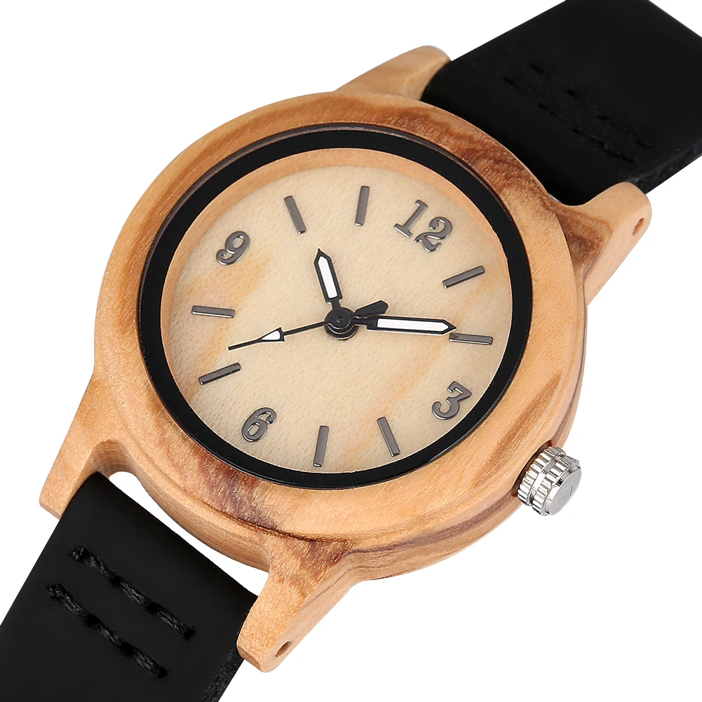 Прочный коричневый чехол деревянные часы для женщин практичный черный кожаный