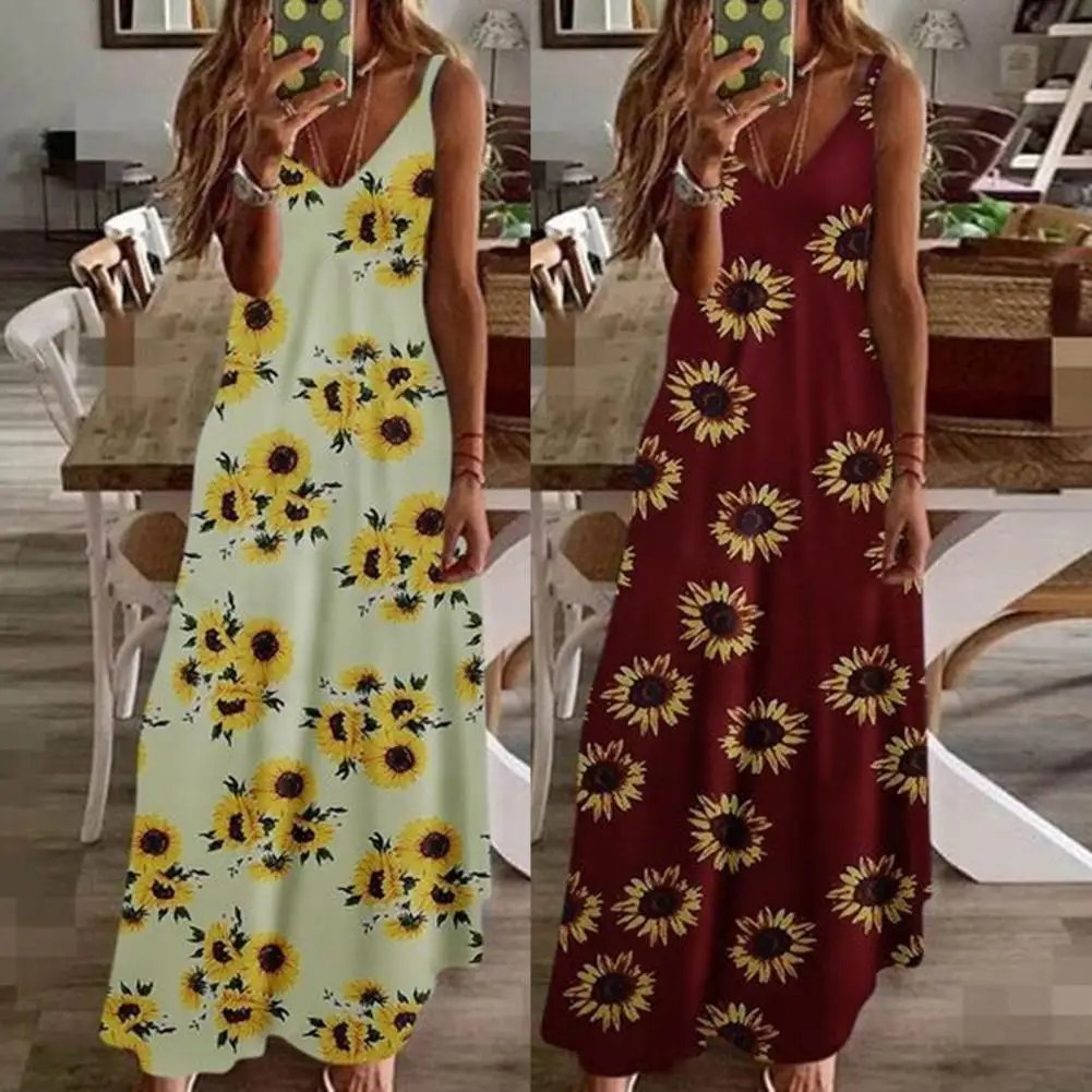

Summer Floral Printed Dress Sleeveless Backless Spaghetti Strap Sexy V Neck Dress Women Suspender A-line Dress for Beach 2021