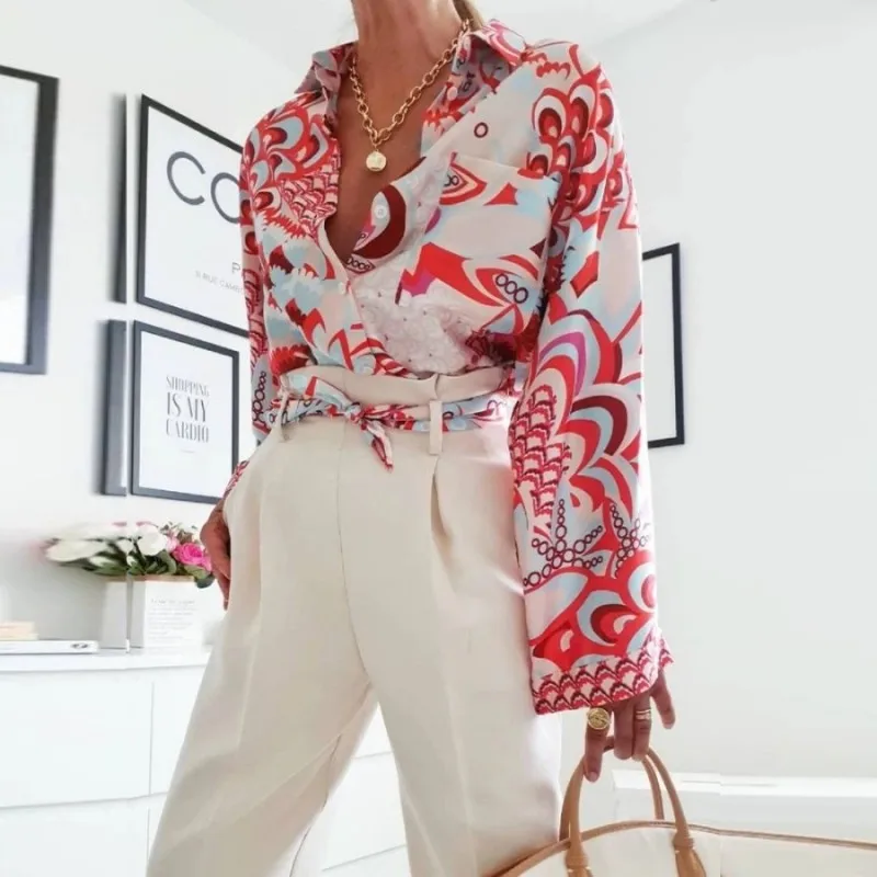 

African Shirt Clothes Women Flare Sleeve Pocket Loose Tops Autumn New Floral Print Elegant Chic African Office Lady Blouse Tunic