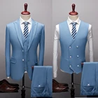 Модные синие вечерние трикотажные смокинги для жениха на свадьбу, 3 предмета, официальный Выпускной костюм, блейзер для вечеринки, мужской облегающий костюм на заказ, 2021