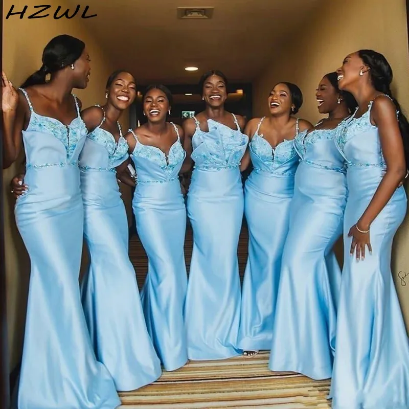 

Aso Ebi African Mermaid Bridesmaid Dresses With Spaghetti Straps Appliques Beaded Wedding Guest Vestidos Maid Of Honor Dress