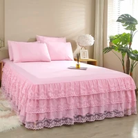 pink three layer lace princess bed skirt sheets microfiber soft bed cover mattress protect cover fashion girls bed sheet only