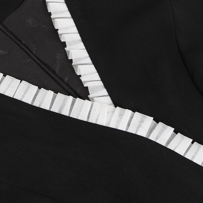 

GALCAUR Patchwork Black Jumpsuits For Women V Neck Puff Short Sleeve High Waist Ankle Length Trouser Female 2020 Elegant Fashion