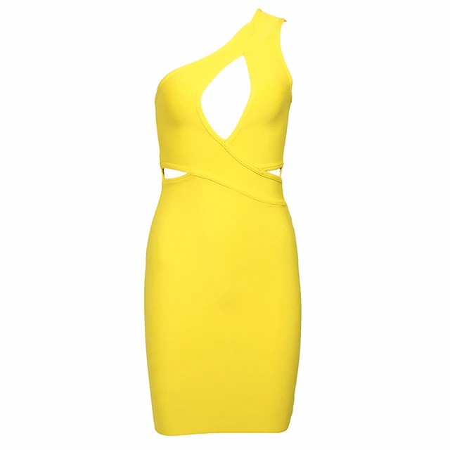 Amily.c Summer New High Quality Sexy Shoulder Mini Yellow Hollow Bandage Dress Club Designer Fashion Party Dress Wholesale - Color: Yellow