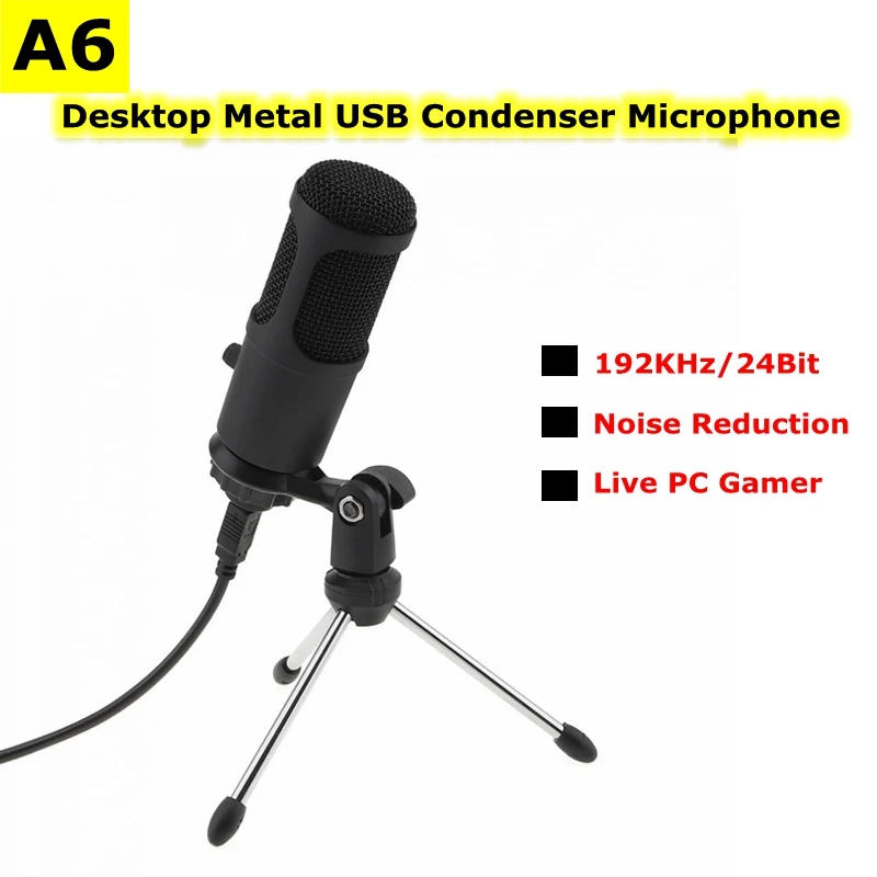 

A6 Metal USB Condenser Microphone Kit 192KHz/24Bit Recording Mic for Live Show PC Gamer Noise Reduction Gaming Microphone Set