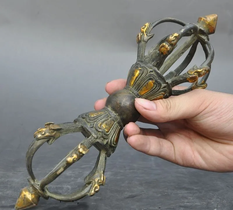 

christmas 10"Old Tibet Buddhism Bronze gilt Vajra Phurpa pestle Dagger Exorcism Talismans halloween
